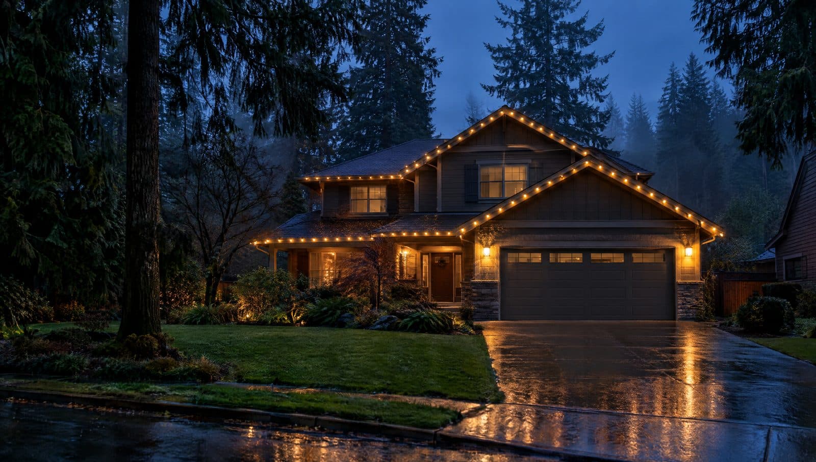 Two-story home with warm white C9 Christmas lights on the roofline under Douglas firs in Sammamish at blue hour