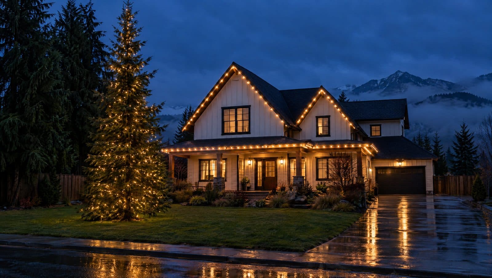 Modern farmhouse with warm white C9 lights tracing steep gables under tall Douglas firs on the Eastside at blue hour