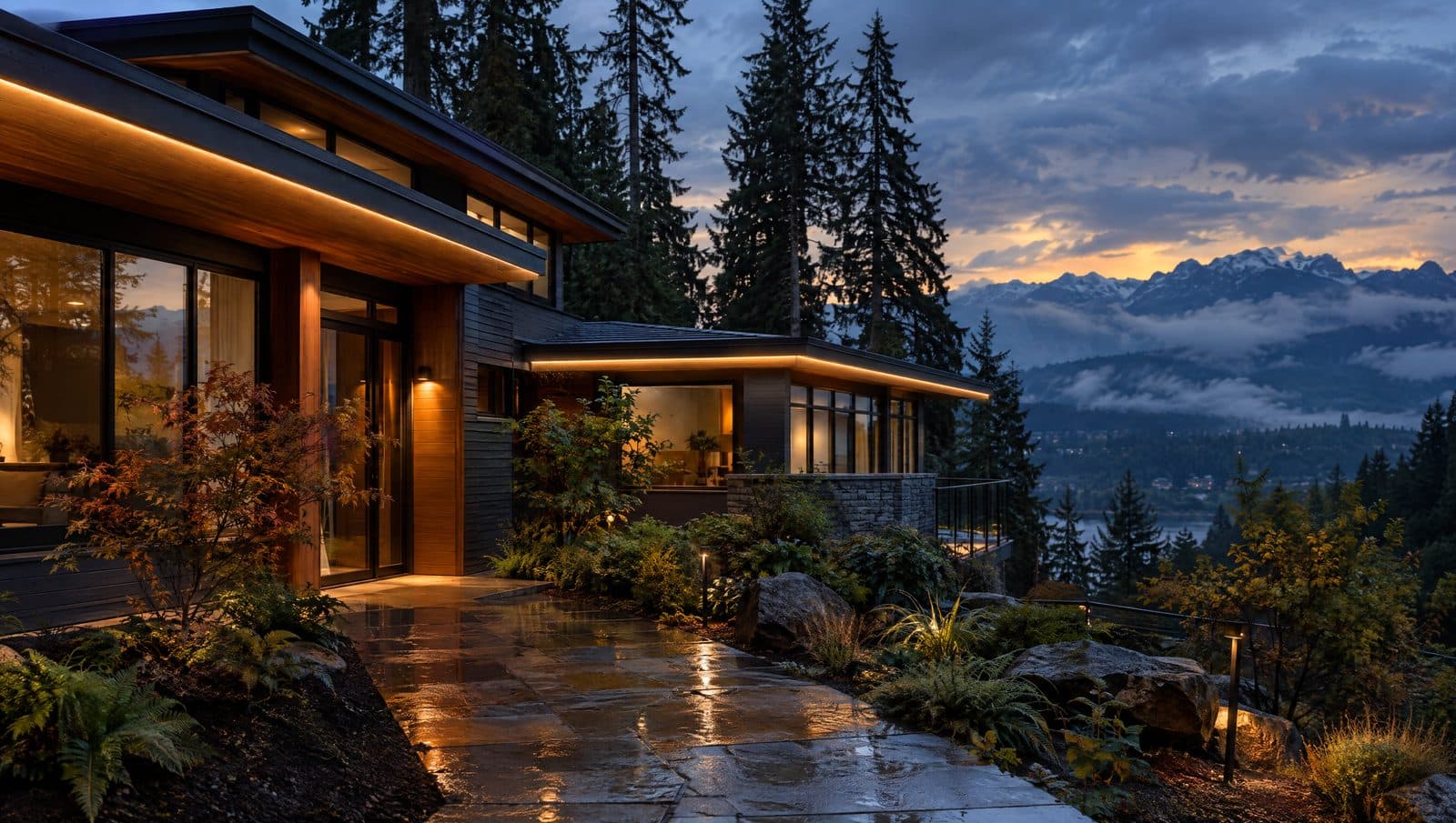 Pacific Northwest contemporary home with a warm white permanent light glow under the eaves at dusk, Douglas firs and Cascade foothills behind