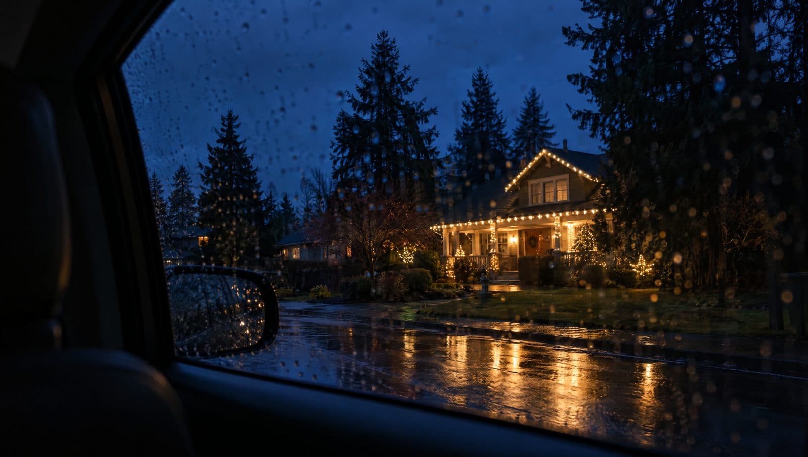 Car window view of an Eastside home glowing with warm white holiday lights on a dark, rainy December evening